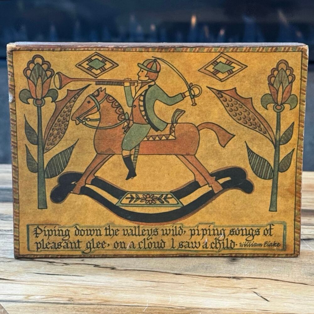 Vintage 1970 Folk Art Wood Plaque William Blake Poem Piper Rocking Horse Signed